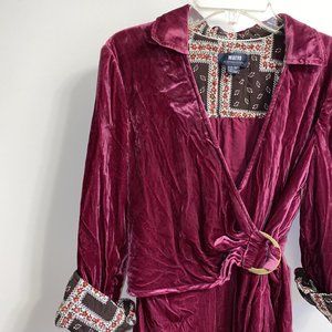 Maeve Anthro Maroon - Red Velvet Wrap Shirt Dress - Long Sleeve Boho Sz 8